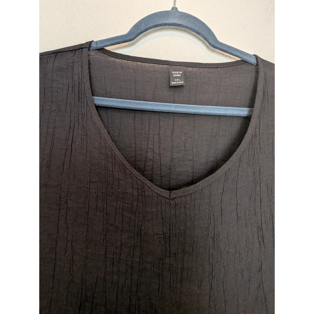 Plus Size Black Crinkle Tiered Babydoll Top V-Neck Short Sleeve Blouse 4XL - Picture 3 of 5